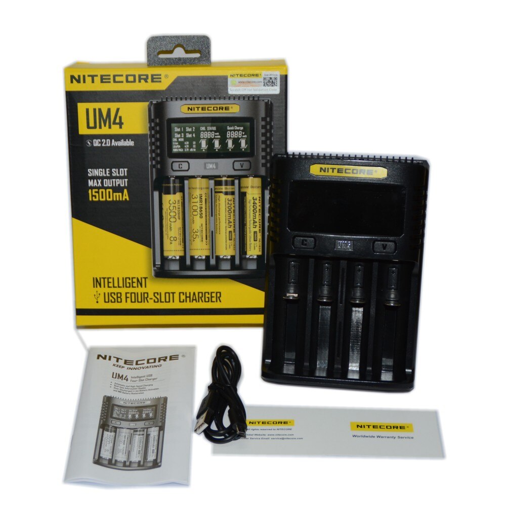 CARICABBATTERIE 4 POSTI NITECORE UM4 C4 VC4 LCD Caricabatterie Intelligente Della Batteria per Li-ione/IMR/INR/ICR/LiFePO4 18650 14500 26650 AA 3.7 1.2V 1.5V Batterie D4