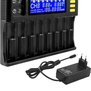 Caricabatterie Universale Intelligente a Ricarica Rapida | 10 Slot (8+2) con Display LCD per Batterie 18650, 26650, Li-ion, LiFePO4 e 9V