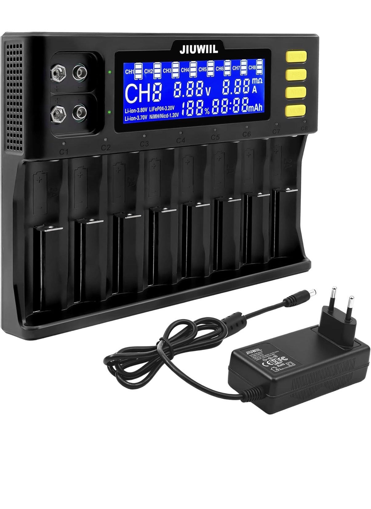 Caricabatterie Universale Intelligente a Ricarica Rapida | 10 Slot (8+2) con Display LCD per Batterie 18650, 26650, Li-ion, LiFePO4 e 9V